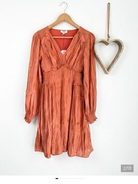 Umgee Shimmery Coral V-Neck Gathered Mini Dress